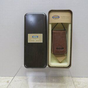 Fossil Dark Brown Money Clip Genuine Leather NEW with Tin Container.
